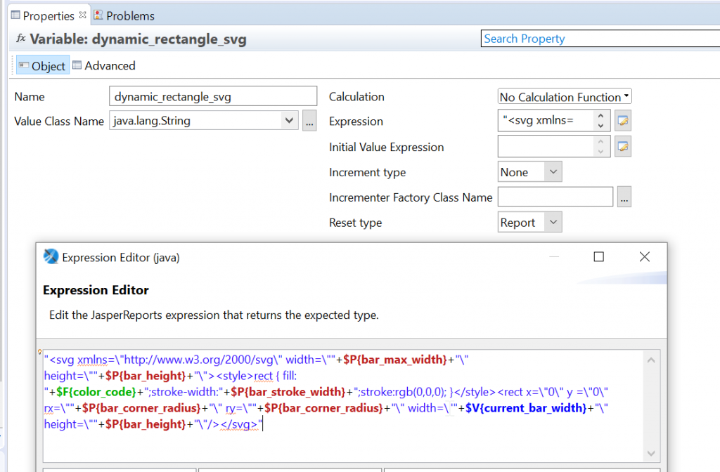 Quellcode für eine Berichtsvariable, welche dynamisch generierten SVG Code enthalten soll