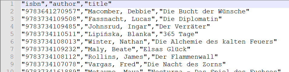CSV Datei mit isbn, author und title von ausgesuchten Büchern